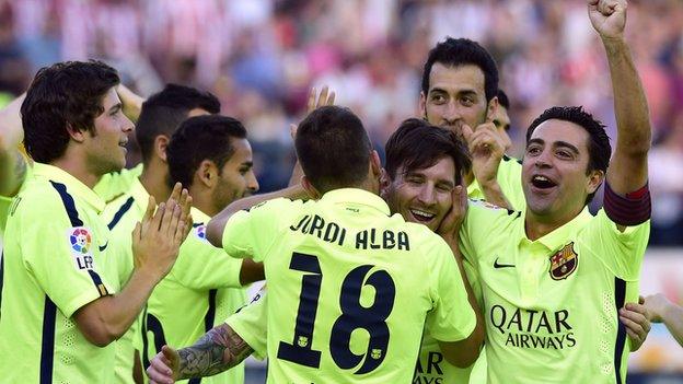 Barcelona celebrate after beating Atletico Madrid