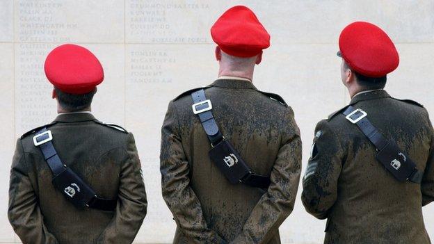 Soldiers looking at the names on the Armed Forces Memorial