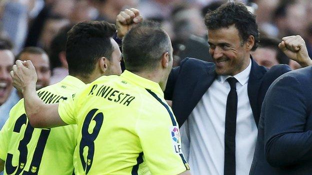 Barcelona celebrate after beating Atletico Madrid