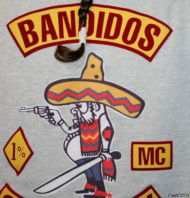 A feature of a member of the biker group 'Bandidos' outside the district court on January 9, 2008 in Muenster, Germany.