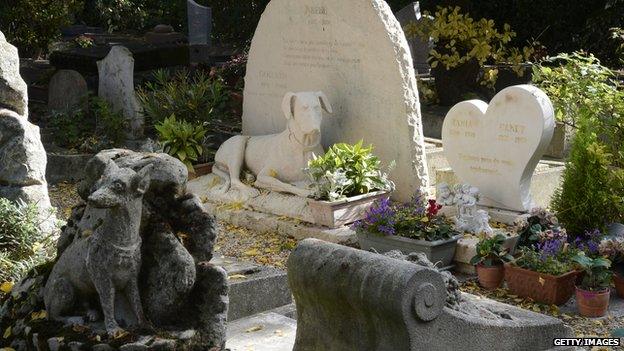 Dog graves at a pet cemetery in France