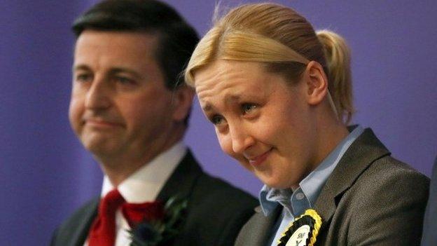 Paisley and Renfrewshire South constituency winner Mhairi Black of the SNP and Labour"s Douglas Alexander