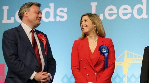 Conservative candidate Andrea Jenkyns celebrates after being elected as a member of parliament for Morley and Outwood, while Britain"s opposition Labour Party shadow Chancellor Ed Balls looks on at the counting centree in Leeds, in Britain May 8, 2015