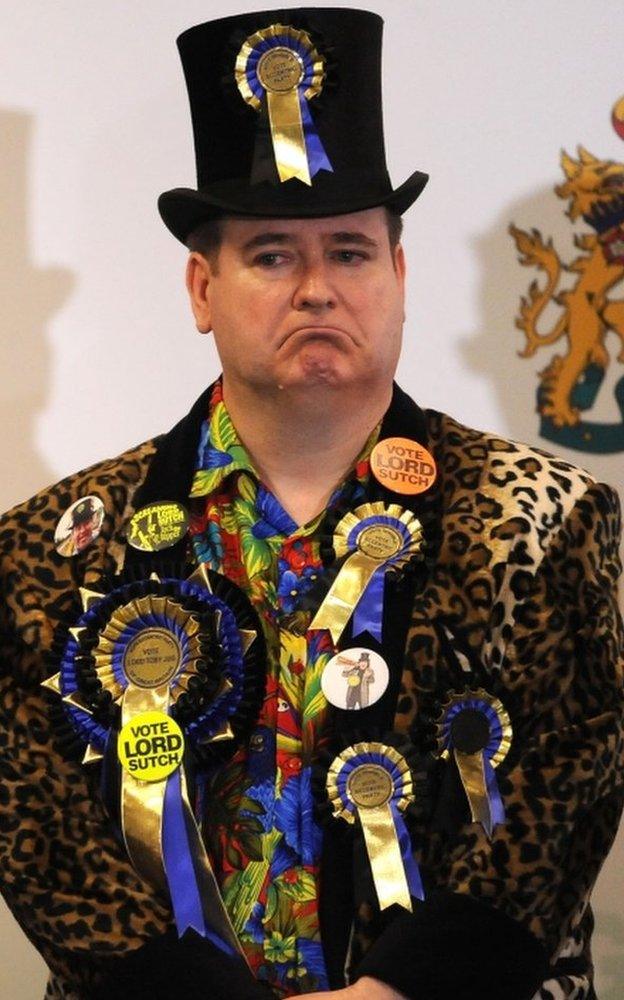 Prospective candidate for the Eccentric Party of Great Britain Lord Toby Jug during the General Election count at Brunel University, London. Thursday May 7, 2015