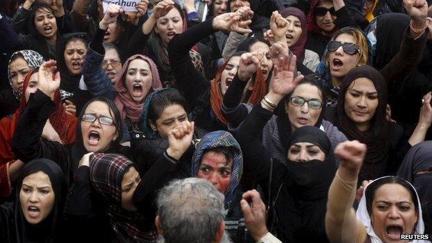 Protesters condemn the killing of Farkhunda after her death in March