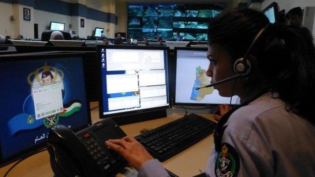 Policewoman at the Public Security Directorate call centre in Amman (photo by Frank Gardner)