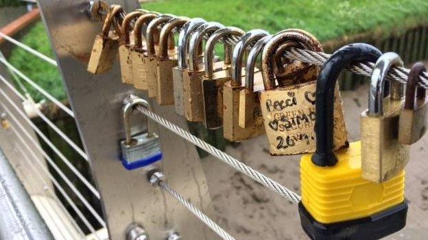 Love locks on bridge in Boston