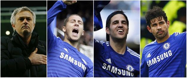 Jose Mourinho, Eden Hazard, Cesc Fabregas and Diego Costa