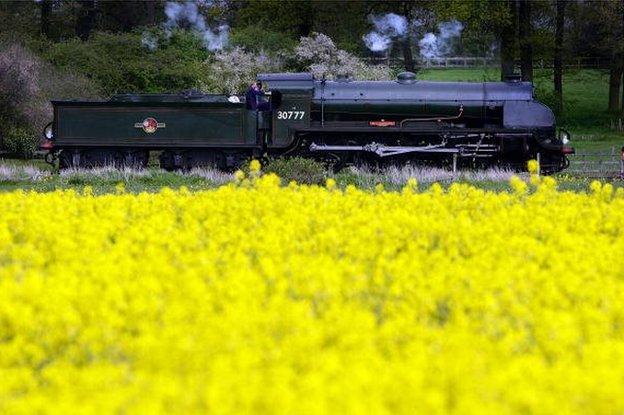 A Great Central Railway steam locomotive in Loughborough