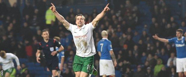 Lewis Stevenson celebrates scoring in Hibernian's 2-0 win at Ibrox in February