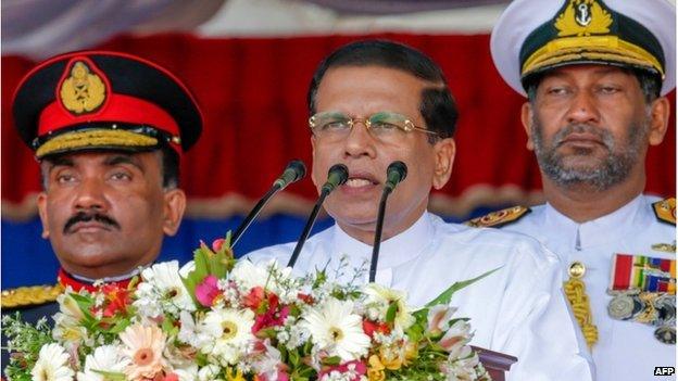 May 19, 2015, Sri Lankan President Maithripala Sirisena (C) speaks during a Victory Day parade in Matara.