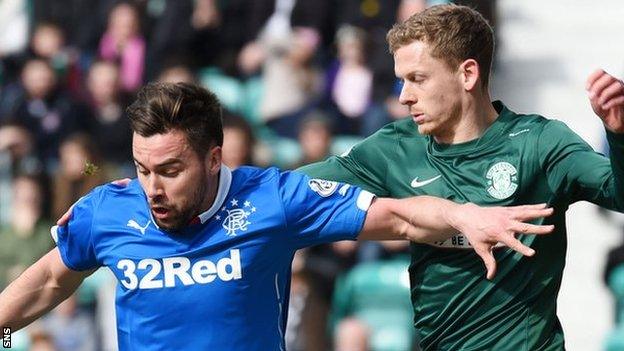 Rangers' Darren McGregor is challenged by Hibs' Scott Robinson