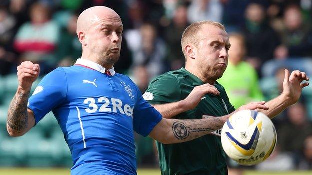 Rangers' Nicky Law challenges Hibs' Dylan McGeoch