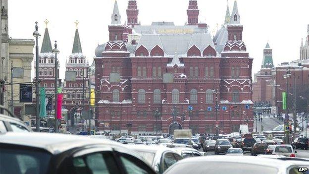 Cars in a traffic jam in central Moscow