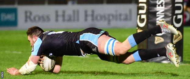 Adam Ashe touches down for Glasgow Warriors against Cardiff Blues