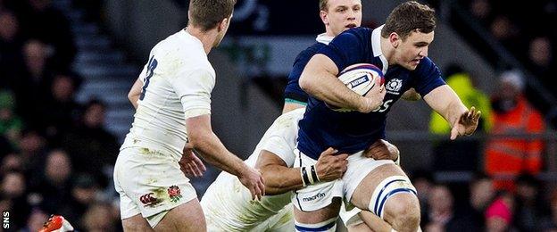 Adam Ashes carries for Scotland against England at Twickenham