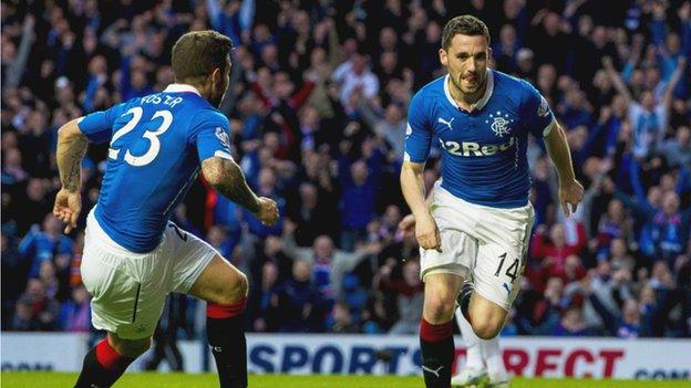 Nicky Clark (right) celebrates scoring for Rangers