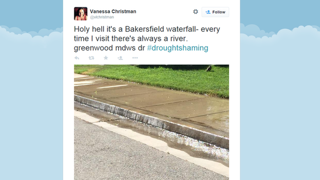 "Holy hell it's a Bakersfield waterfall- every time I visit there's always a river. greenwood mdws dr #droughtshaming," tweeted Vanessa Christman with a picture of water cascading off a pavement.