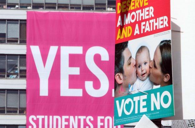 Banners encouraging voters to support the Yes and the No campaign in the Irish same-sex marriage referendum