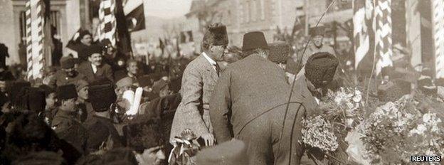 Turkey's first President Mustafa Kemal Ataturk (centre) is seen in Izmir, Turkey, after the modern Turkish Republic was founded in 1923