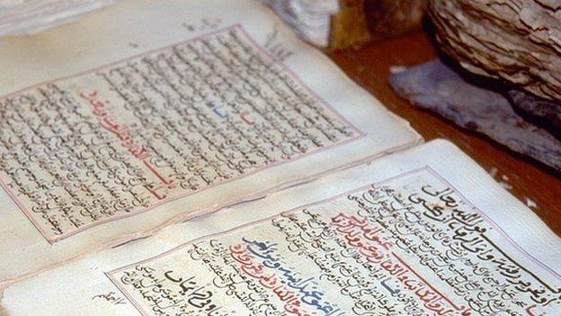 Handout picture dated 1997 and released on July 1, 2012 by the UN shows ancient manuscripts displayed at the library in the city of Timbuktu