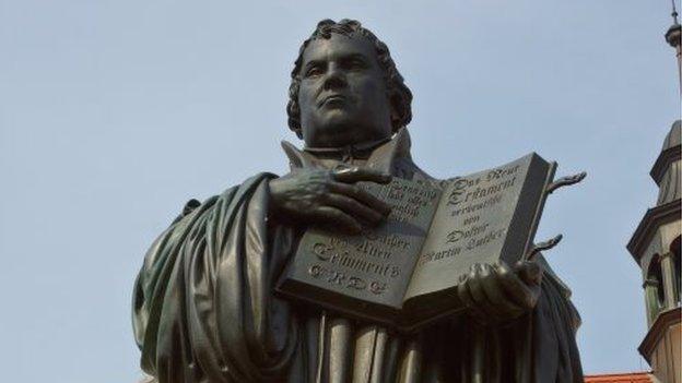 Statue of Martin Luther in Wittenberg, Germany near the site where The Ninety-Five Theses were posted by Martin Luther on 31 October 1517, which started the Protestant Reformation