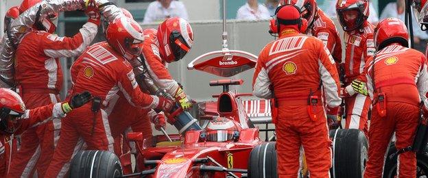 Refuelling in the Ferarri pit garage