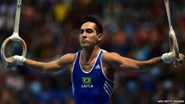 Henrique Flores of Brazil competes during the Men"s Rings Final during the Artistic Gymnastics World Challenge Cup at the Ibirapuera coliseum in Sao Paulo, Brazil, on May 3, 2015