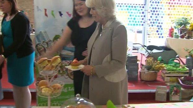 The Duchess of Cornwall iced a cupcake at the Skainos Centre