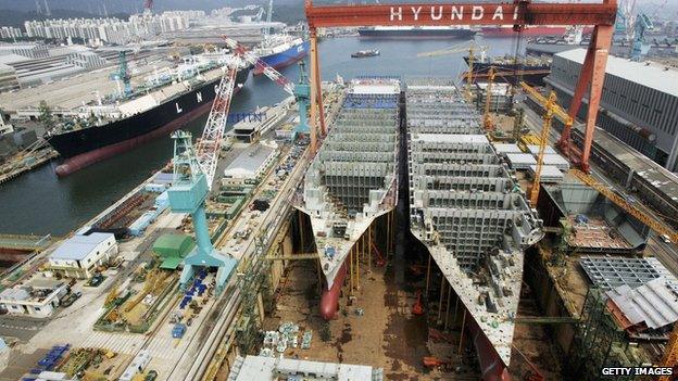 Partially constructed ships at Ulsan shipyard in South Korea