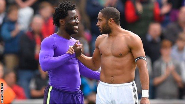 Swansea sold Wilfried Bony [L] to Manchester City this season for a club record £28m but have kept key players such as captain Ashley Williams