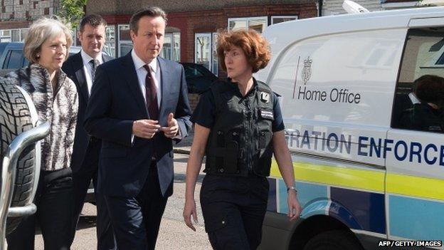 David Cameron and Home secretary Theresa May with immigration enforcement officers