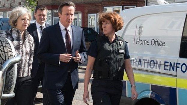 David Cameron and Home secretary Theresa May with immigration enforcement officers