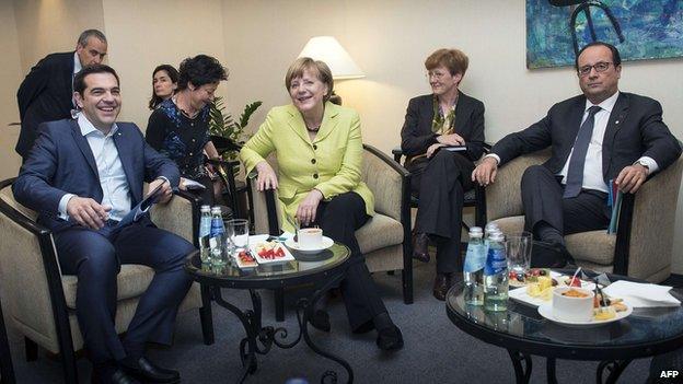 German Chancellor Angela Merkel, French President Francois Hollande and Greek prime minister Alexis Tspiras (left) meeting in Riga