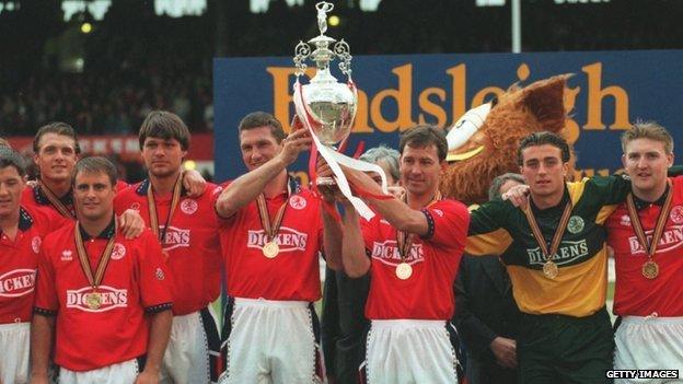 Bryan Robson and other Middlesbrough players with the First Division Championship trophy