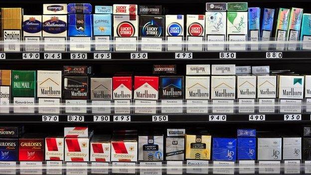 Cigarettes on shelves in a shop