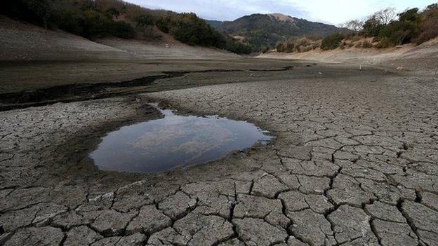 Small pool of water is surrounded by cracked earth at the Almaden Reservoir (28 January 2014)