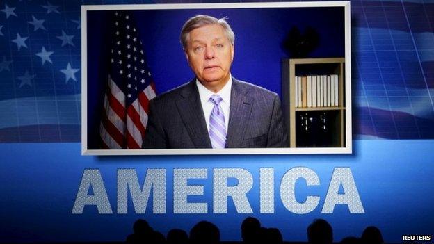 US Sen. Lindsey Graham, potential Republican presidential candidate, speaks in a video at the Southern Republican Leadership Conference in Oklahoma City