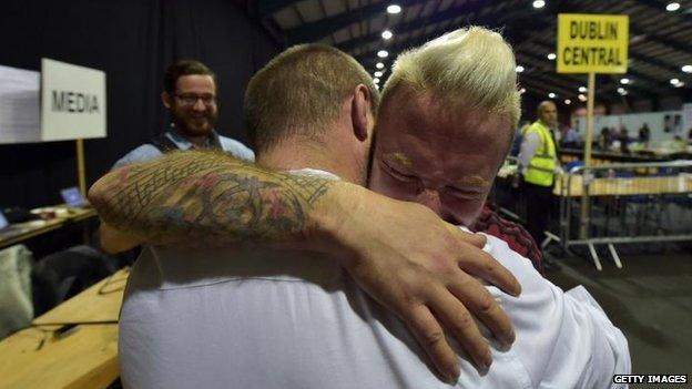 Couple embraces at Dublin referendum count