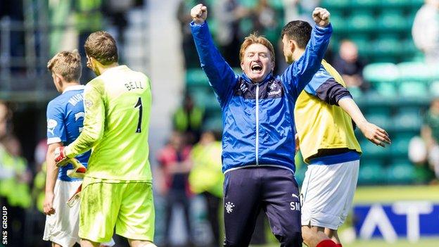 Rangers manager Stuart McCall joins in the celebrations at Easter Road