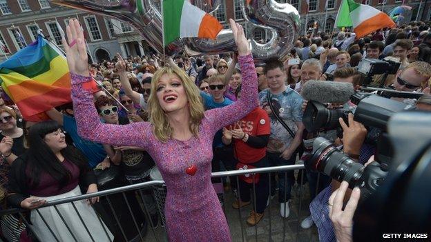 Drag queen artist and Yes campaign activist, Panti Bliss joins supporters in favour of same-sex marriage celebrate and cheer as thousands gather in Dublin Castle square awaiting the referendum vote outcome on May 23, 2015 in Dublin, Ireland