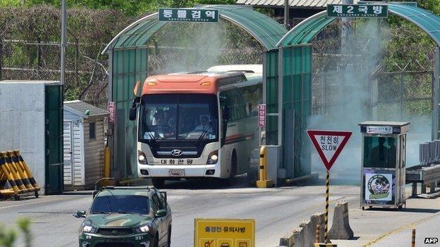 A bus carrying a group of 30 peace activists drives past a military check point after they crossed the border line through the demilitarised zone (DMZ) separating the two Koreas in Paju on 24 May 2015.