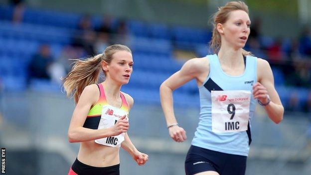 Katie Kirk (left) tracks eventual runner-up Katy Brown in the 800m event at Saturday's Irish Milers Club meeting