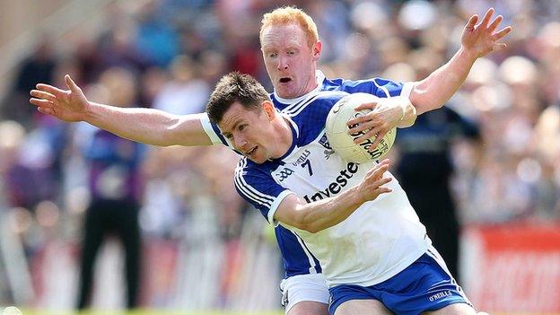 Cavan's Cian Mackey battles with Monaghan's Karl O'Connell at Breffni Park