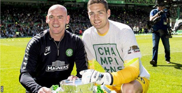 Celtic goalkeeping coach Stevie Woods with Craig Gordon