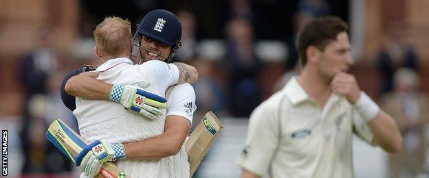 Ben Stokes hugs Alastair Cook