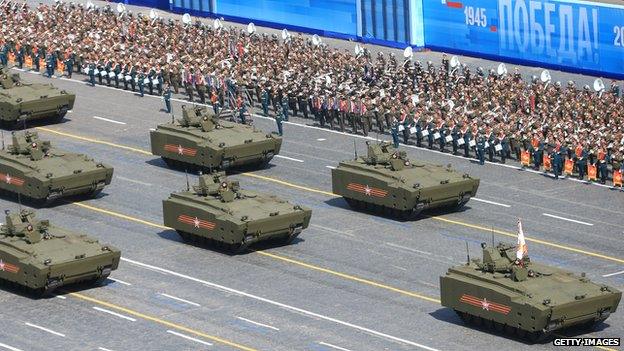 Kurganets-25 armoured personnel carriers drive through Red Square during the Victory Day military parade in Moscow