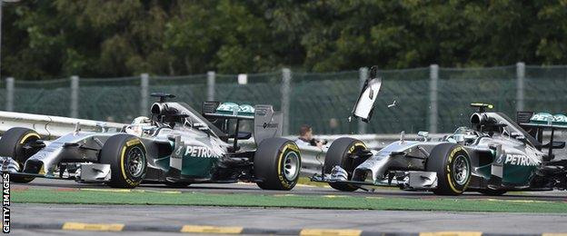 Hamilton and Rosberg collide during the second lap of last year's Belgium Grand Prix