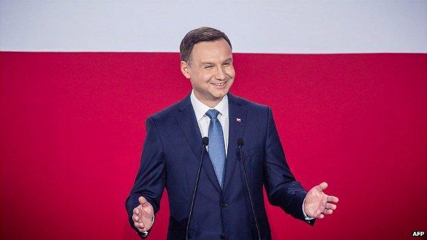 Andrzej Duda delivers a speech after the announcement of the exit poll results in Poland's presidential election in Warsaw - 24 May 2015