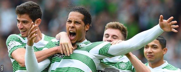 Virgil van Dijk celebrates with Celtic